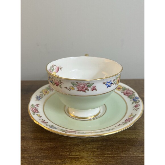Vintage Floral Mint Green Adderley Bone China Cup and Saucer Cottagecore Classic - Picture 7 of 16